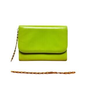 Bellini neon green flap crossbody bag with gold chain strap